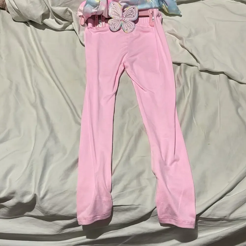 Btween 6x tye dye unicorn ruffled hemline top w/pink legging scrunchie nwt